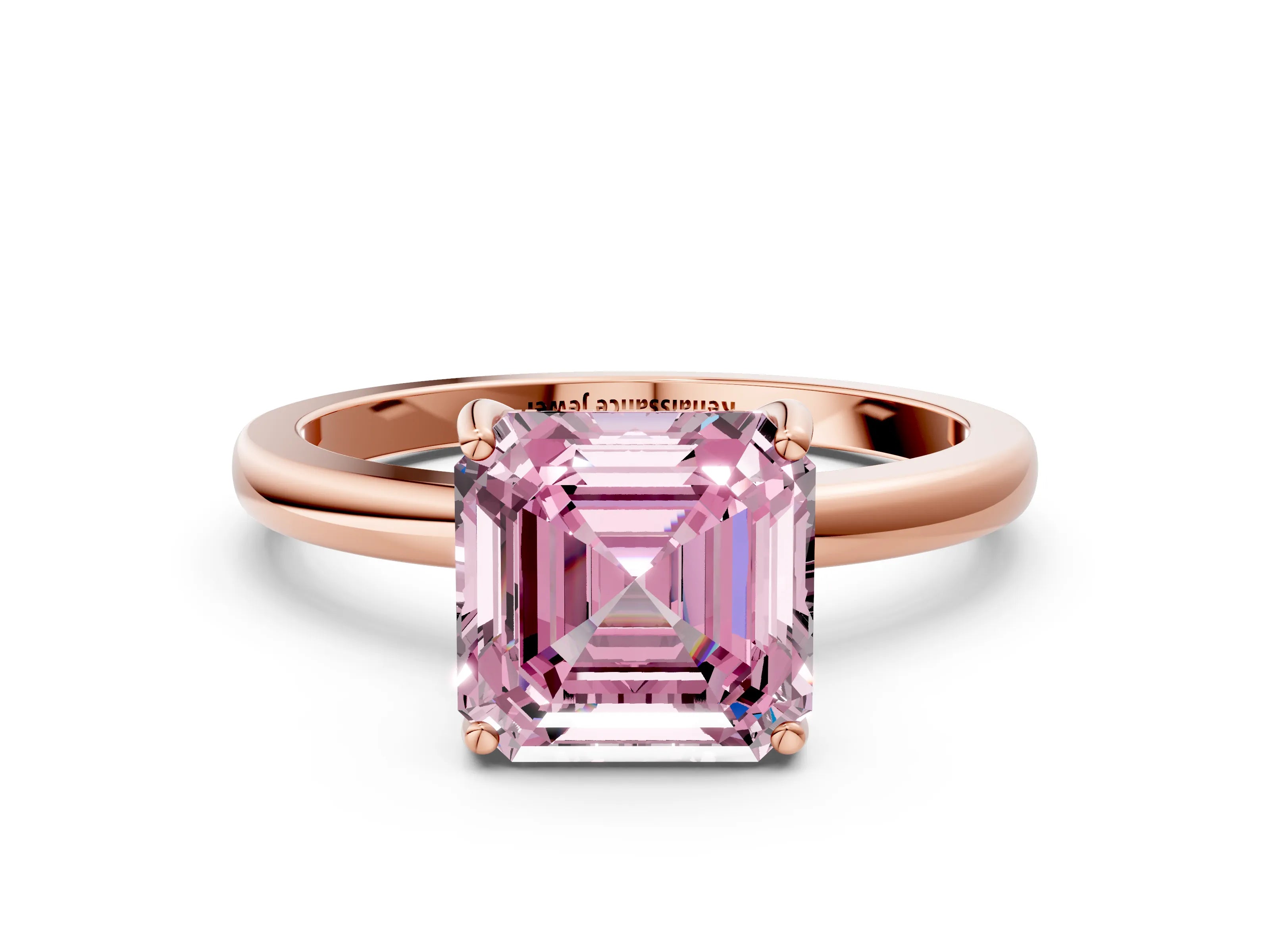 Rose gold Fancy Pink Asscher Cut Solitaire Diamond Ring with Prong Setting and Plain Band