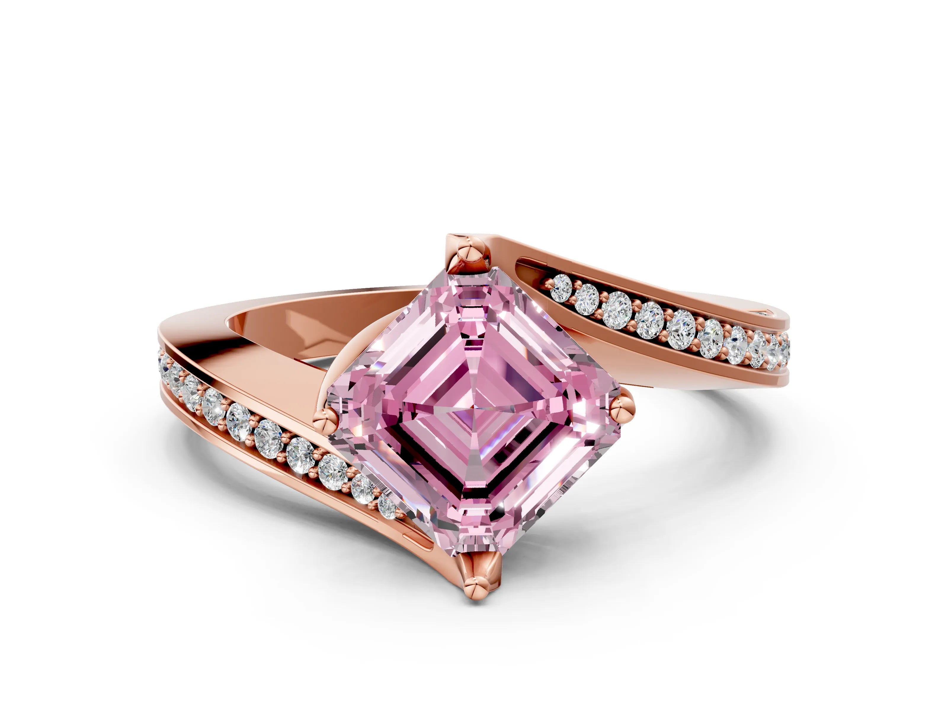 Rose gold Fancy Pink Asscher Cut Solitaire Diamond Twist Band with Pavé Setting and Four-Prong Setting