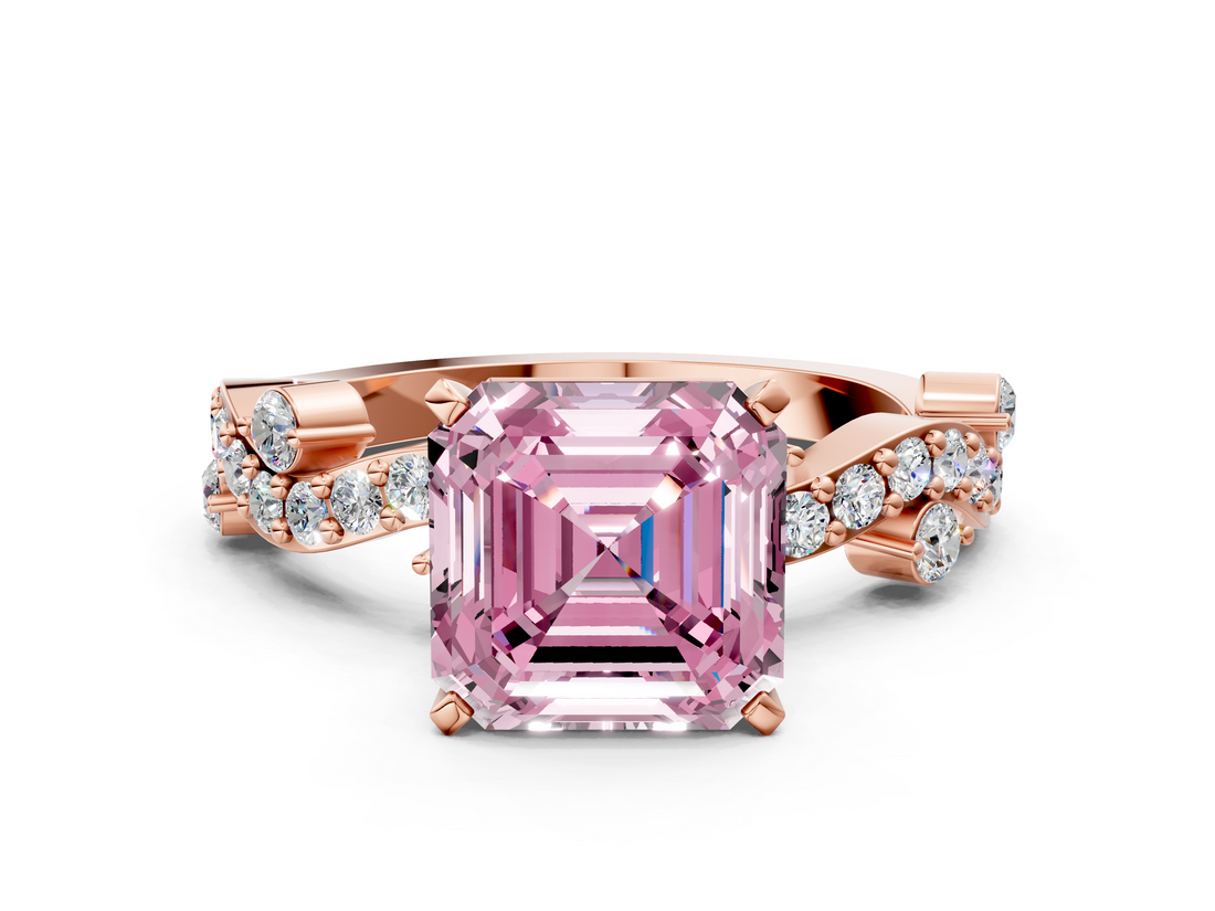 Rose gold Fancy Pink Asscher  Cut Solitaire Diamond Twisted Band with Pave Setting_17