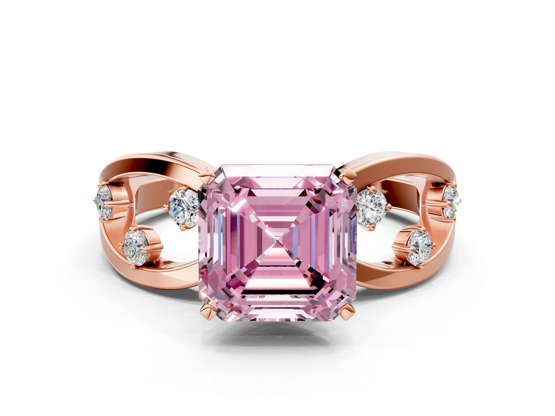 Rose gold Fancy Pink Asscher  Cut Solitaire Diamond with Side Stones on Criss-Cross Band and Four-Prong Setting_17