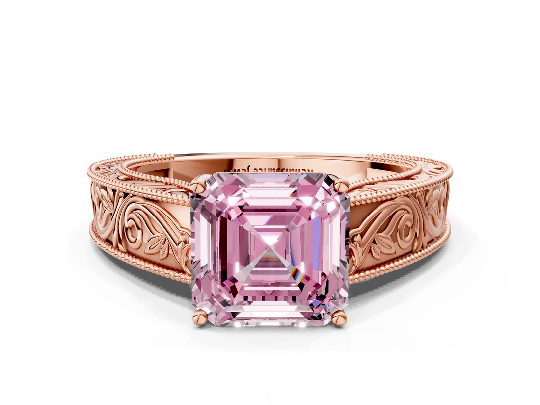 Rose gold Fancy Pink Asscher  Cut Solitaire Engraved Band with Four-Prong Setting