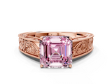 Rose gold Fancy Pink Asscher  Cut Solitaire Engraved Band with Four-Prong Setting