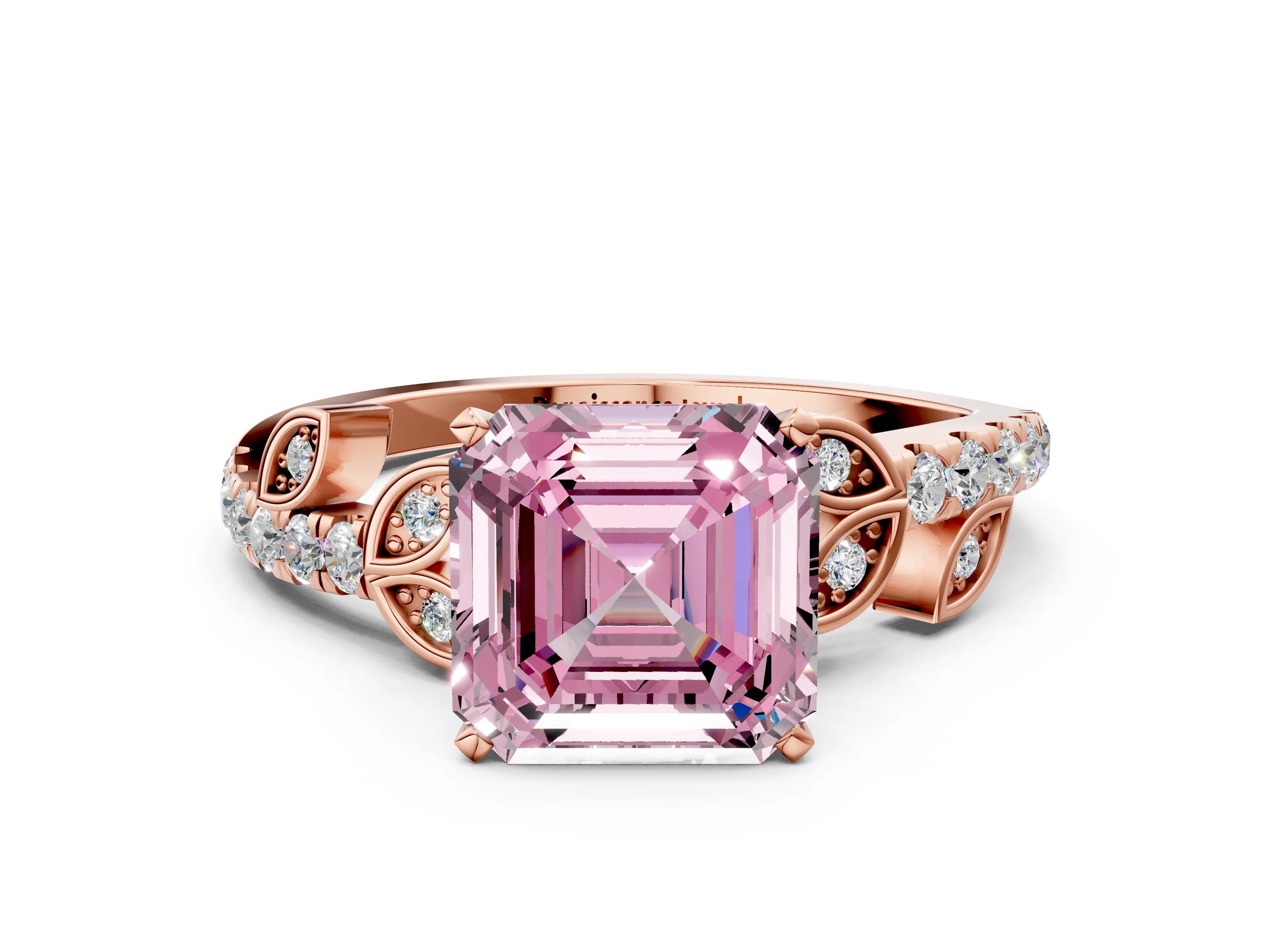Rose gold Fancy Pink Asscher Cut Solitaire Leaf-Inspired Diamond Ring with Pavé Band and Four-Prong Setting