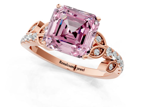 Rose gold Fancy Pink Asscher Cut Solitaire Leaf-Inspired Diamond Ring with Pavé Band and Four-Prong Setting_1