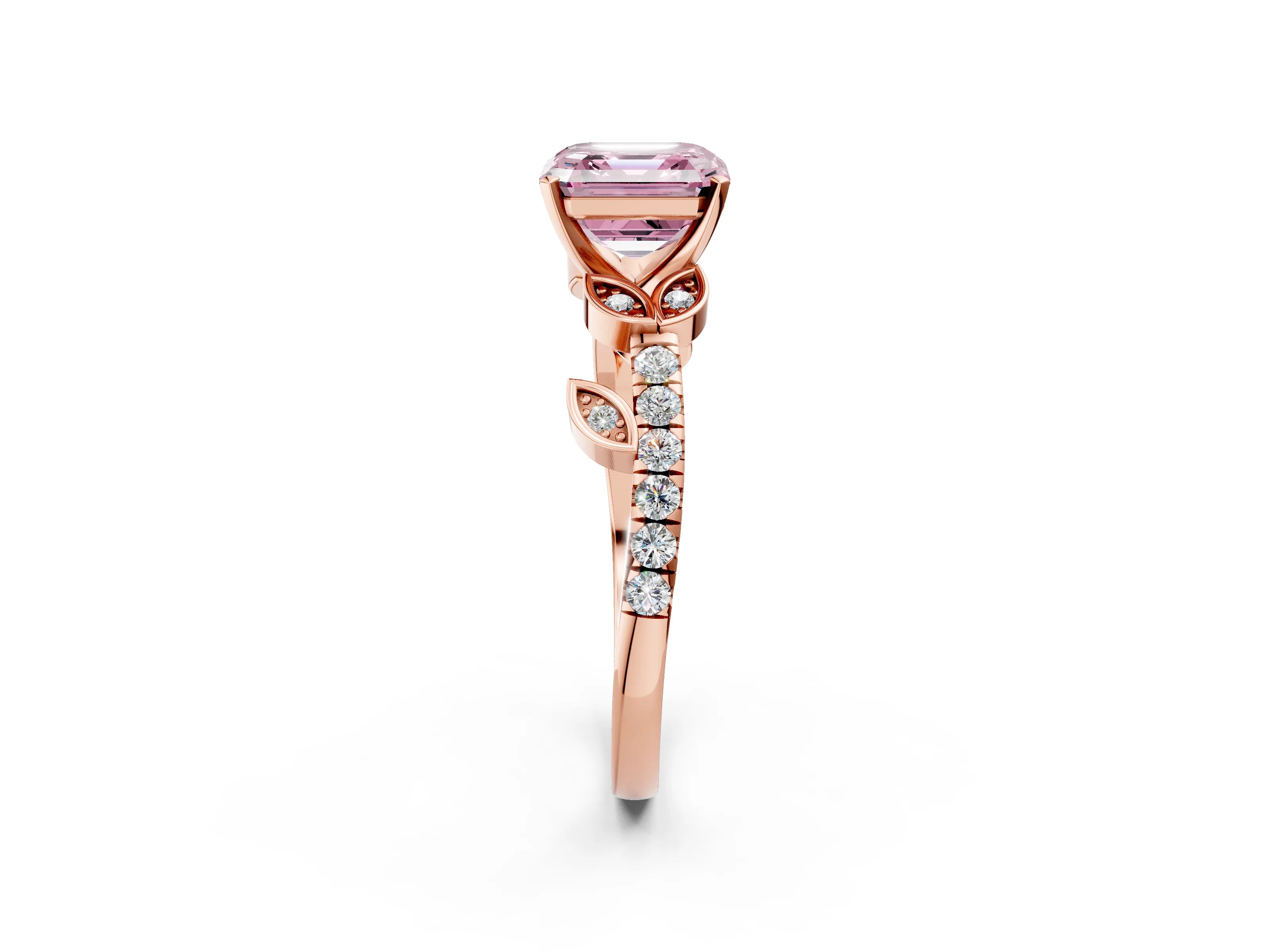 Rose gold Fancy Pink Asscher Cut Solitaire Leaf-Inspired Diamond Ring with Pavé Band and Four-Prong Setting_2