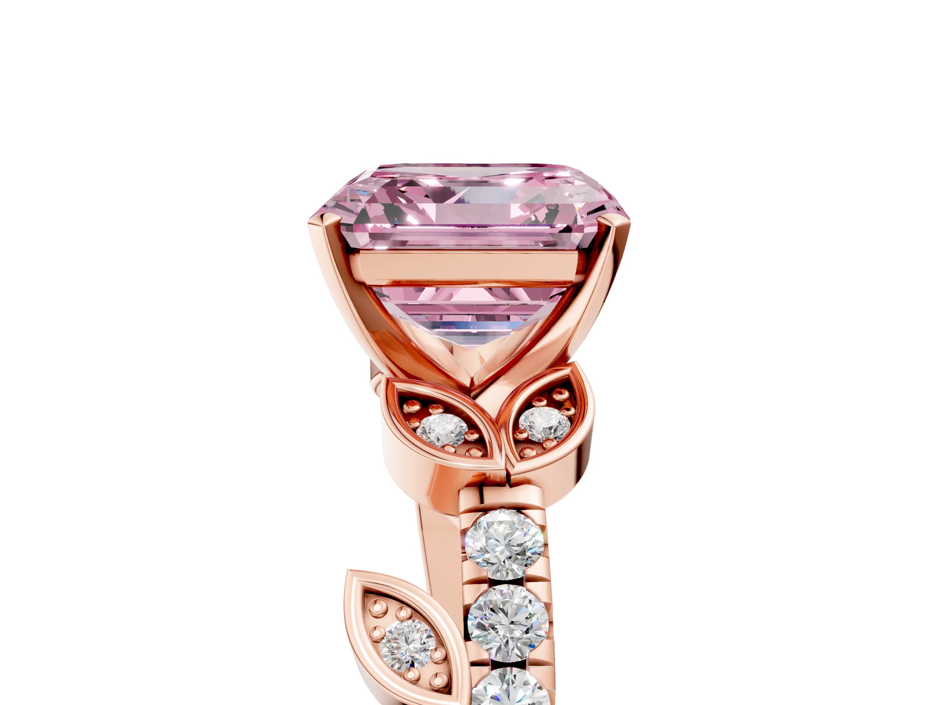 Rose gold Fancy Pink Asscher Cut Solitaire Leaf-Inspired Diamond Ring with Pavé Band and Four-Prong Setting_5