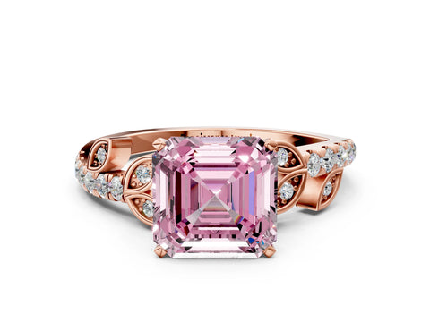 Rose gold Fancy Pink Asscher Cut Solitaire Leaf-Inspired Diamond Ring with Pavé Band and Four-Prong Setting
