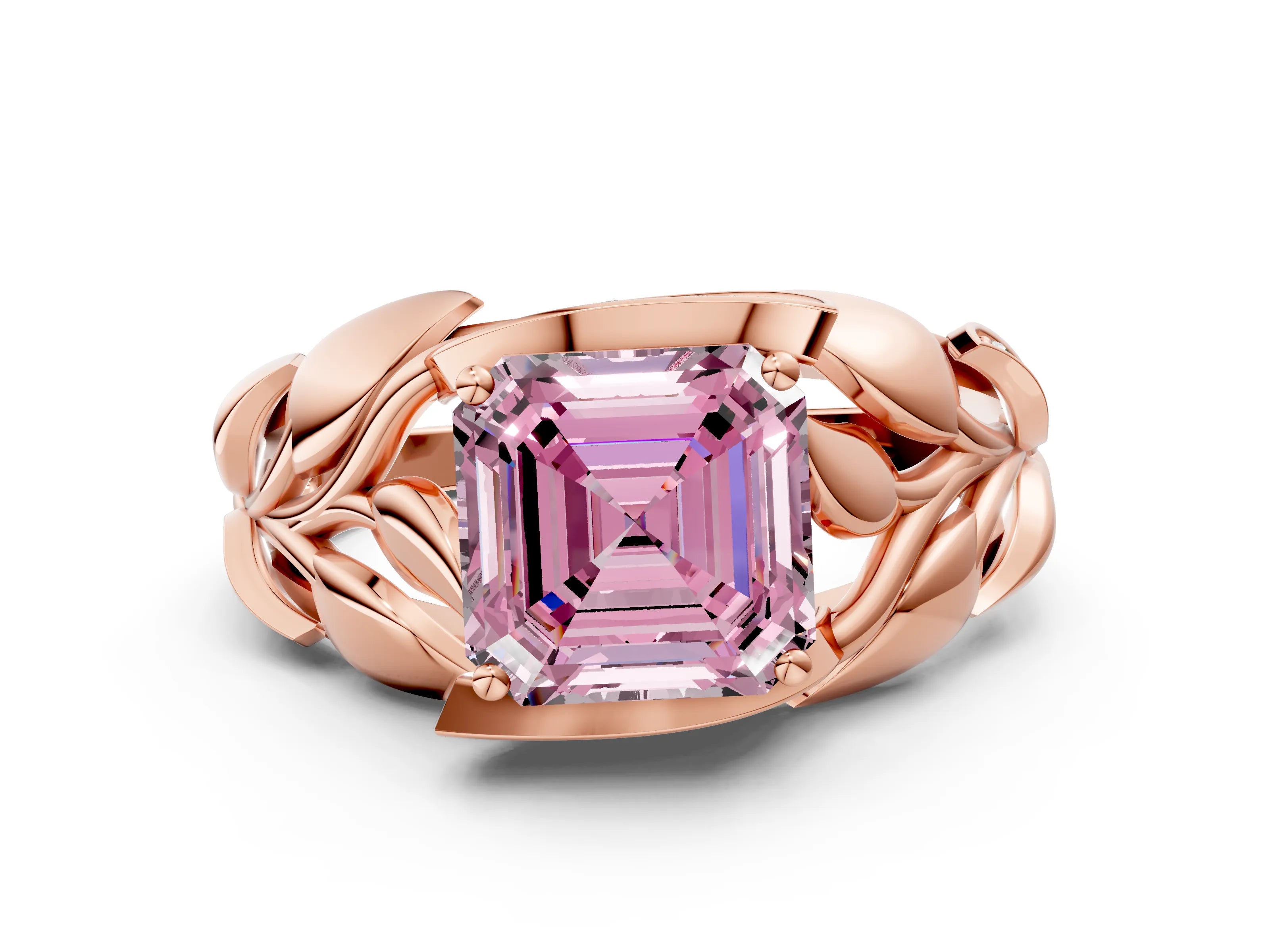 Rose gold Fancy Pink Asscher Cut Solitaire Leaf-Inspired Engagement Ring with Prong Setting