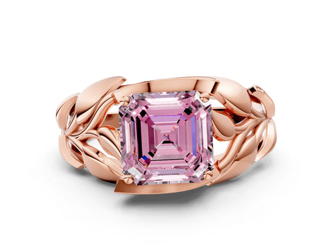 Rose gold Fancy Pink Asscher Cut Solitaire Leaf-Inspired Engagement Ring with Prong Setting