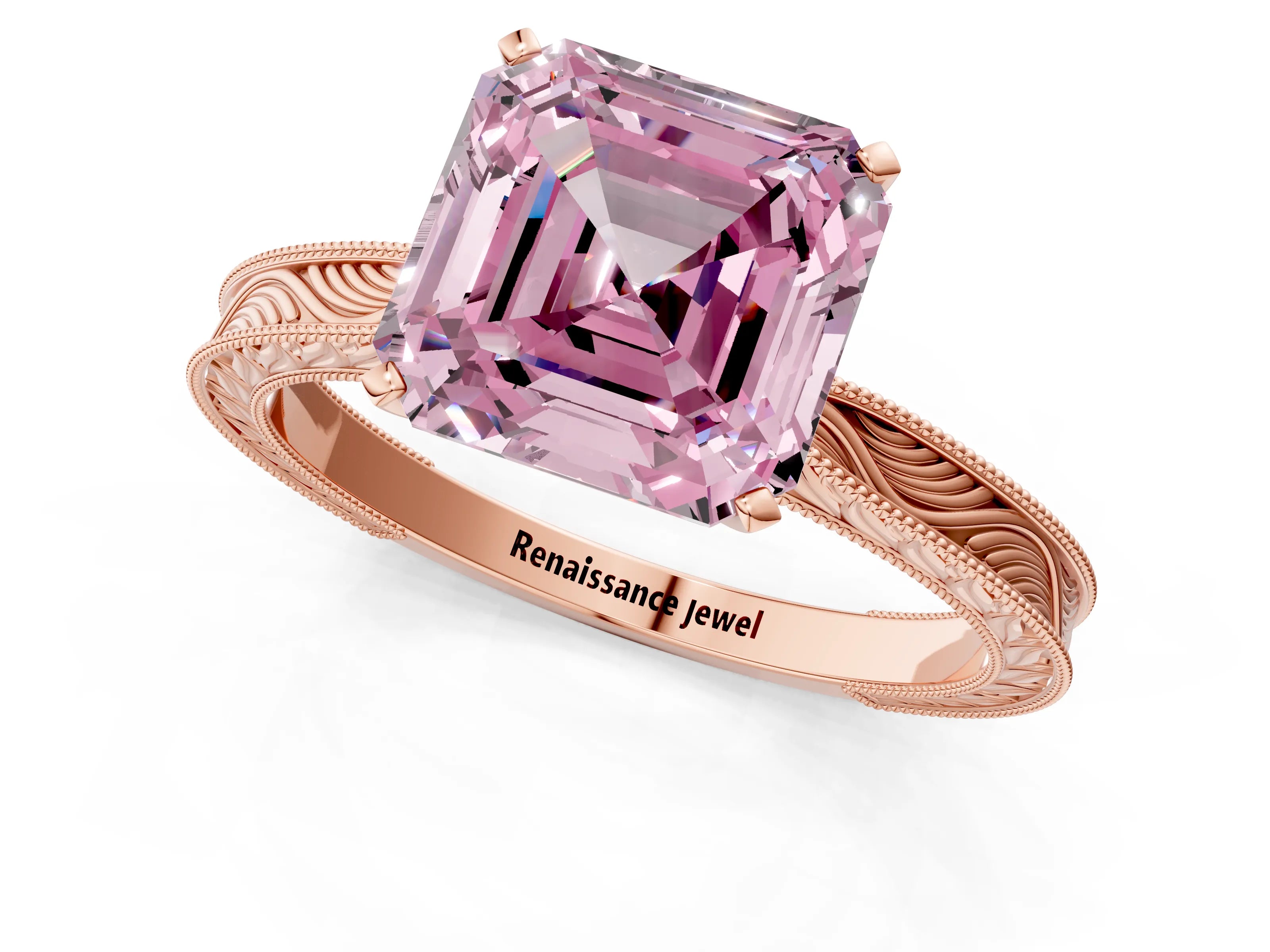 Rose gold Fancy Pink Asscher Cut Solitaire Milgrain Engraved Band with Four-Prong Setting_1