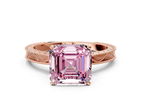 Rose gold Fancy Pink Asscher Cut Solitaire Milgrain Engraved Band with Four-Prong Setting