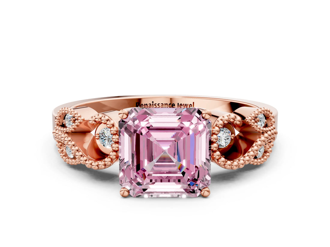 Rose gold Fancy Pink Asscher Cut Solitaire Milgrain Leaf Band with Prong Setting_12