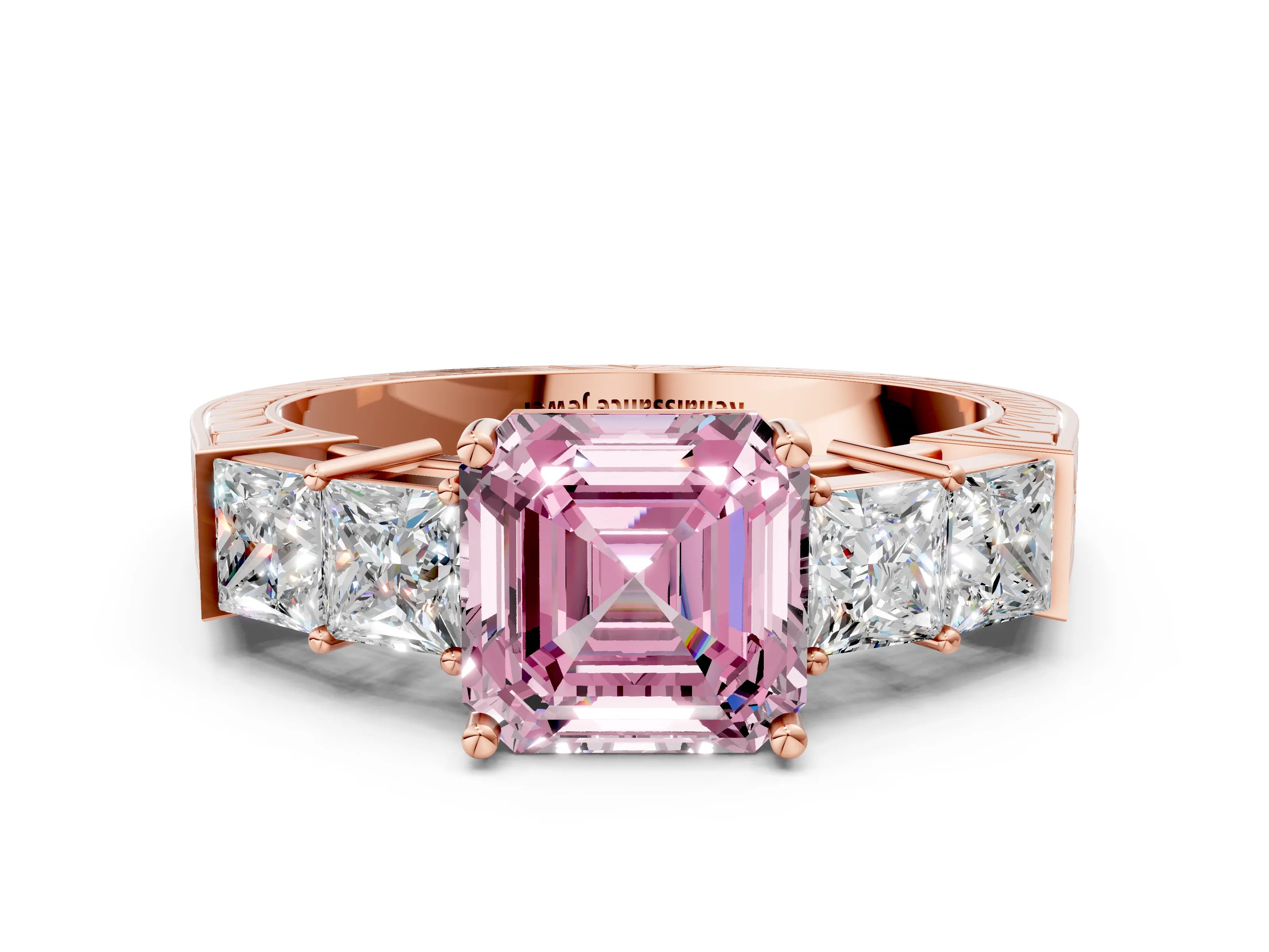Rose gold Fancy Pink Asscher Cut Solitaire Princess Side Stone Engraved Band Prong Setting Ring