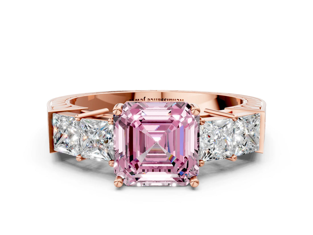 Rose gold Fancy Pink Asscher Cut Solitaire Princess Side Stone Engraved Band Prong Setting Ring