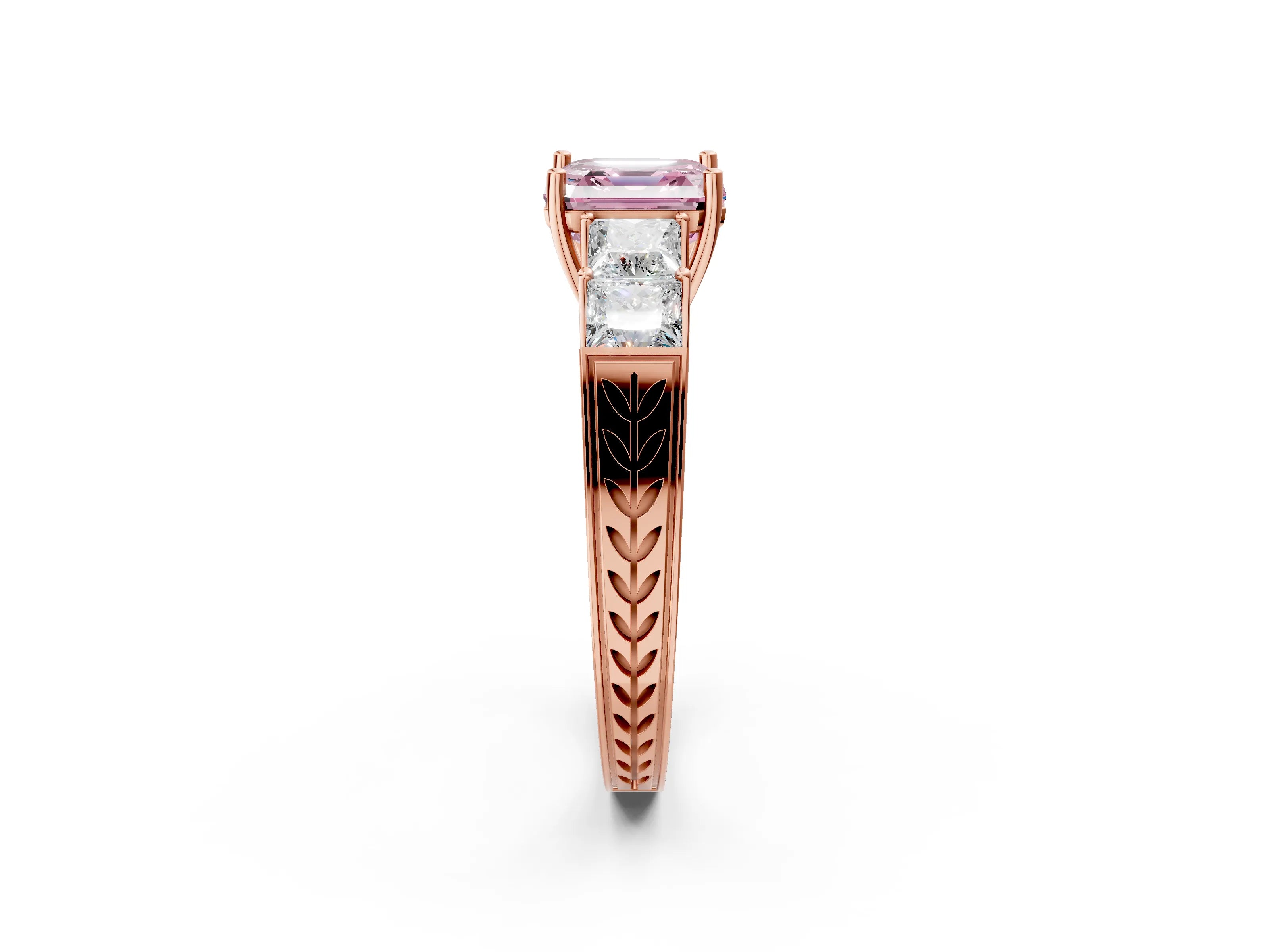 Rose gold Fancy Pink Asscher Cut Solitaire Princess Side Stone Engraved Band Prong Setting Ring_2