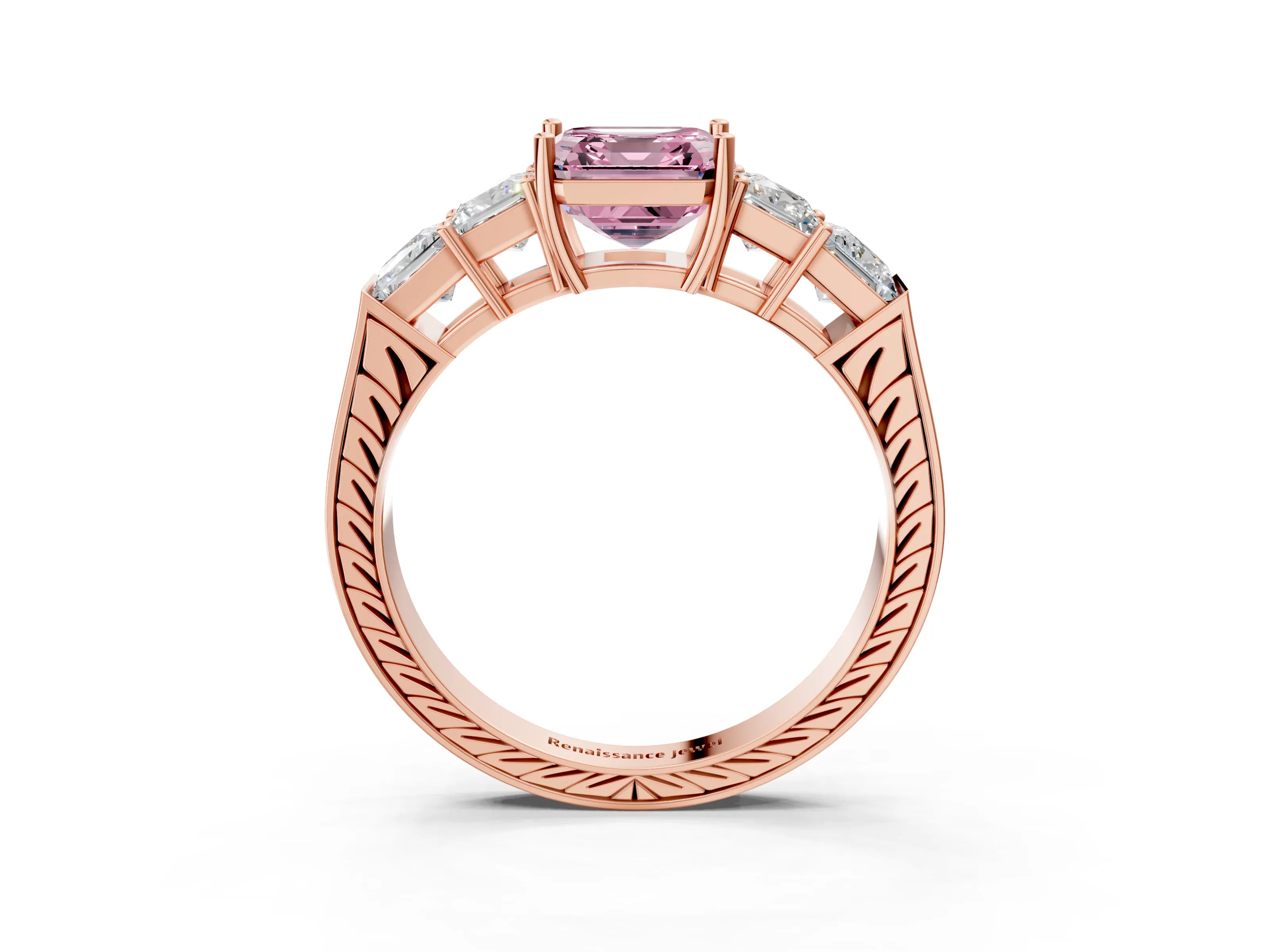 Rose gold Fancy Pink Asscher Cut Solitaire Princess Side Stone Engraved Band Prong Setting Ring_3