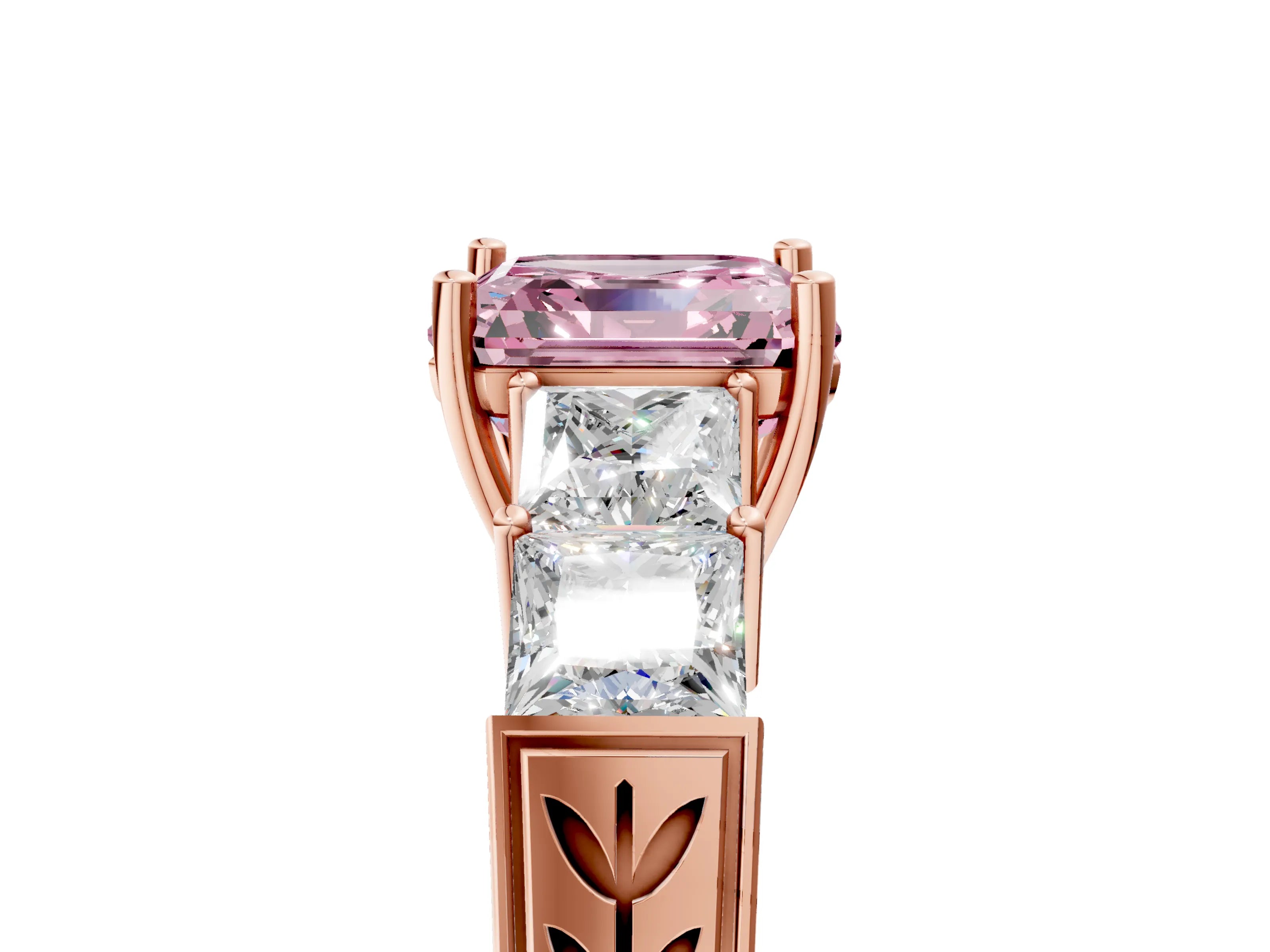 Rose gold Fancy Pink Asscher Cut Solitaire Princess Side Stone Engraved Band Prong Setting Ring_5