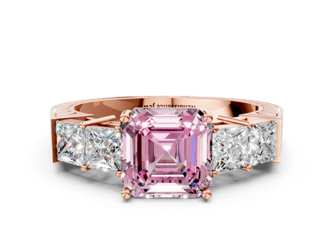 Rose gold Fancy Pink Asscher Cut Solitaire Princess Side Stone Engraved Band Prong Setting Ring
