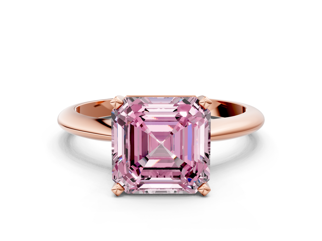 Rose gold Fancy Pink Asscher  Cut Solitaire Ring with Four-Prong Setting on a Classic Band