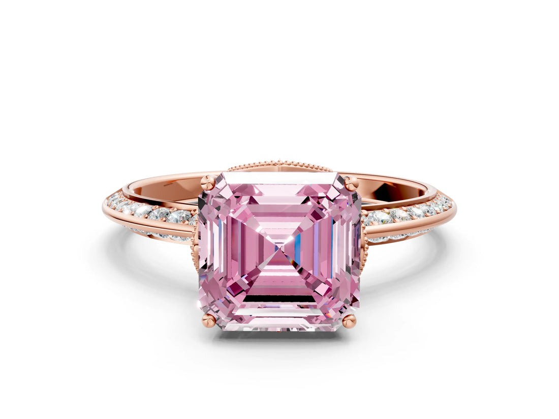 Rose gold Fancy Pink Asscher Cut Solitaire Split Shank Pave Diamond Engagement Ring with Four-Prong Setting