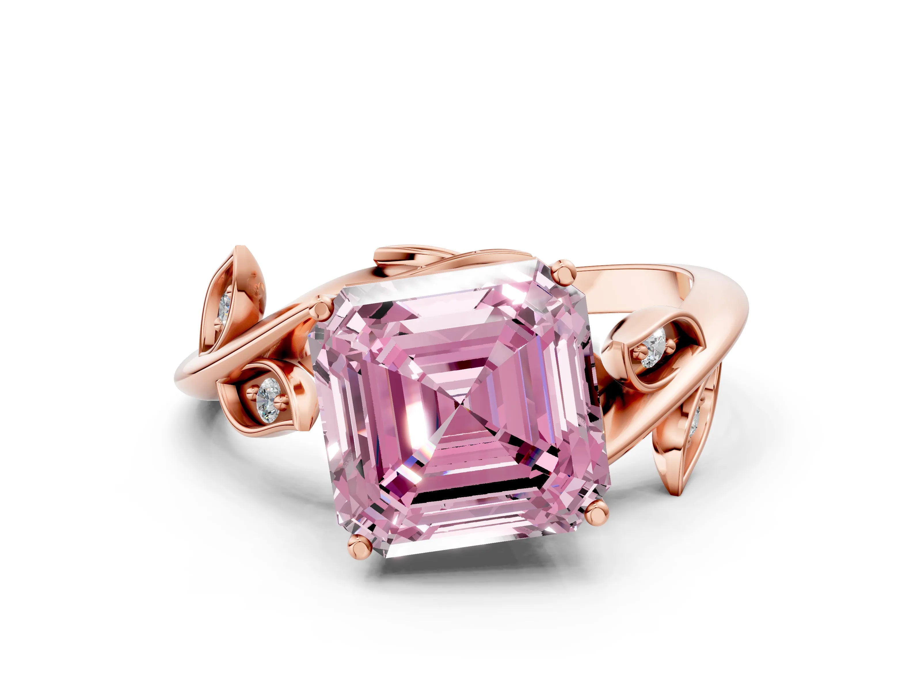 Rose gold Fancy Pink Asscher Cut Solitaire Twist Engagement Ring with Leaf Accents and Prong Setting_12