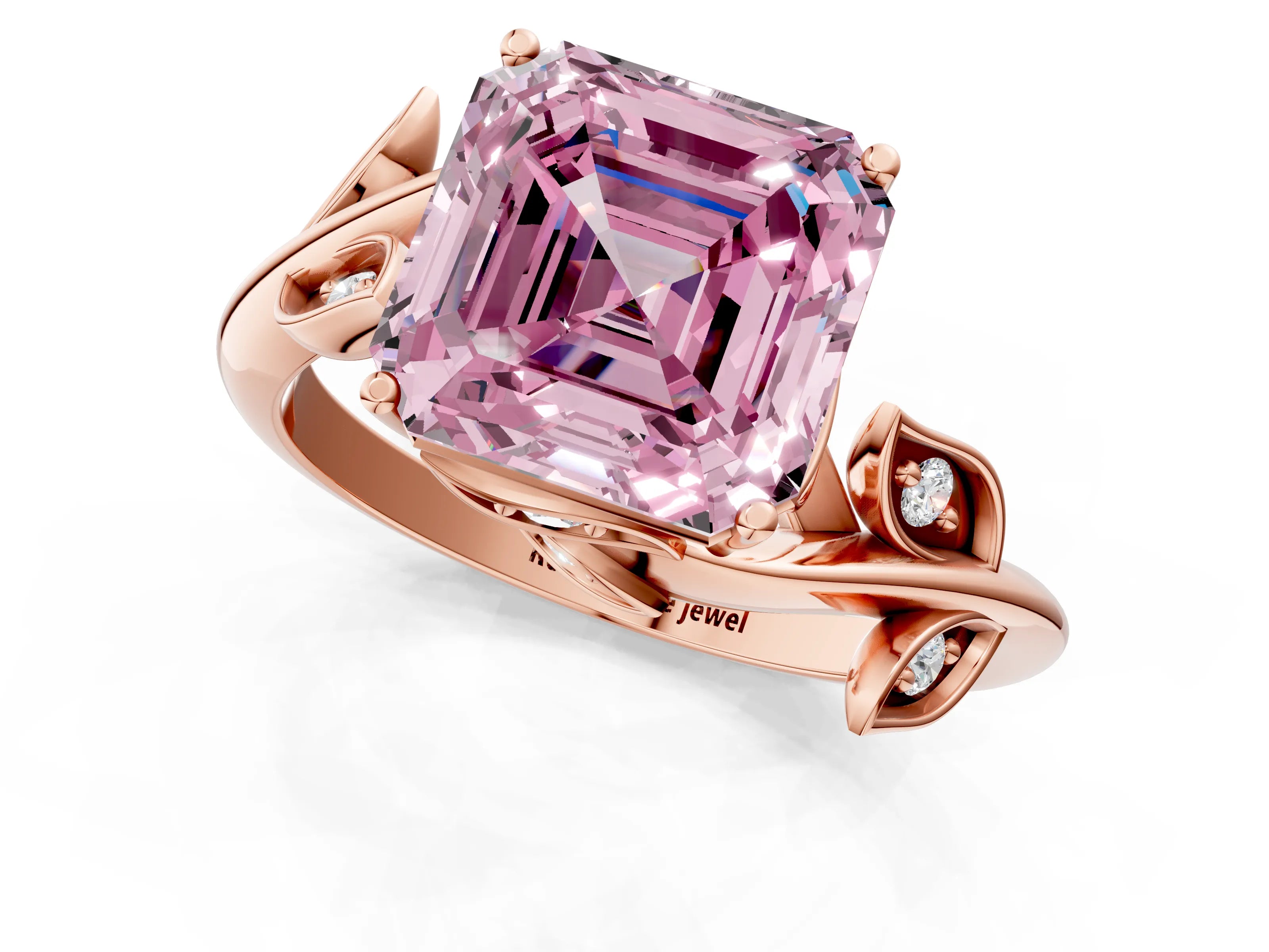 Rose gold Fancy Pink Asscher Cut Solitaire Twist Engagement Ring with Leaf Accents and Prong Setting_13