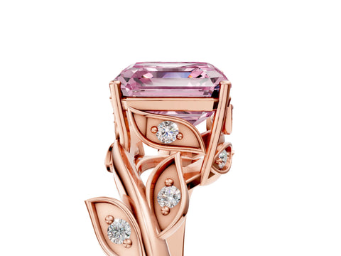 Rose gold Fancy Pink Asscher Cut Solitaire Twist Engagement Ring with Leaf Accents and Prong Setting_17