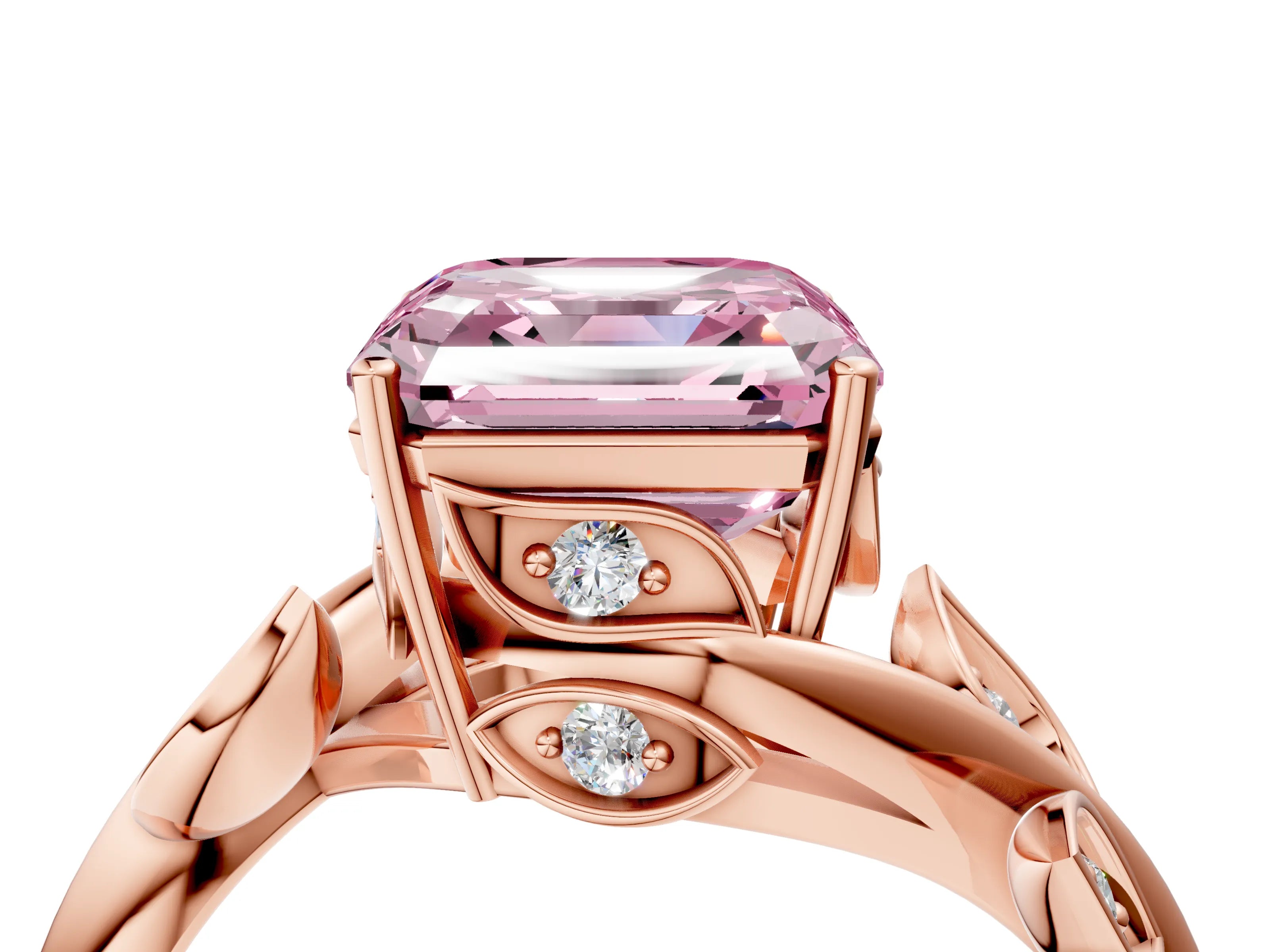 Rose gold Fancy Pink Asscher Cut Solitaire Twist Engagement Ring with Leaf Accents and Prong Setting_4