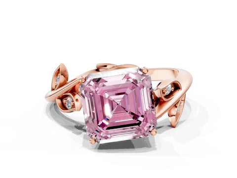 Rose gold Fancy Pink Asscher Cut Solitaire Twist Engagement Ring with Leaf Accents and Prong Setting