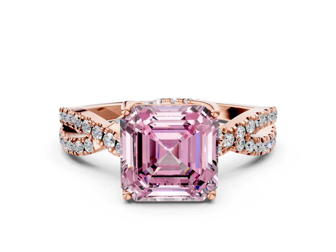 Rose gold Fancy Pink Asscher Cut Solitaire Twist Pave Diamond Engagement Ring with Prong Setting