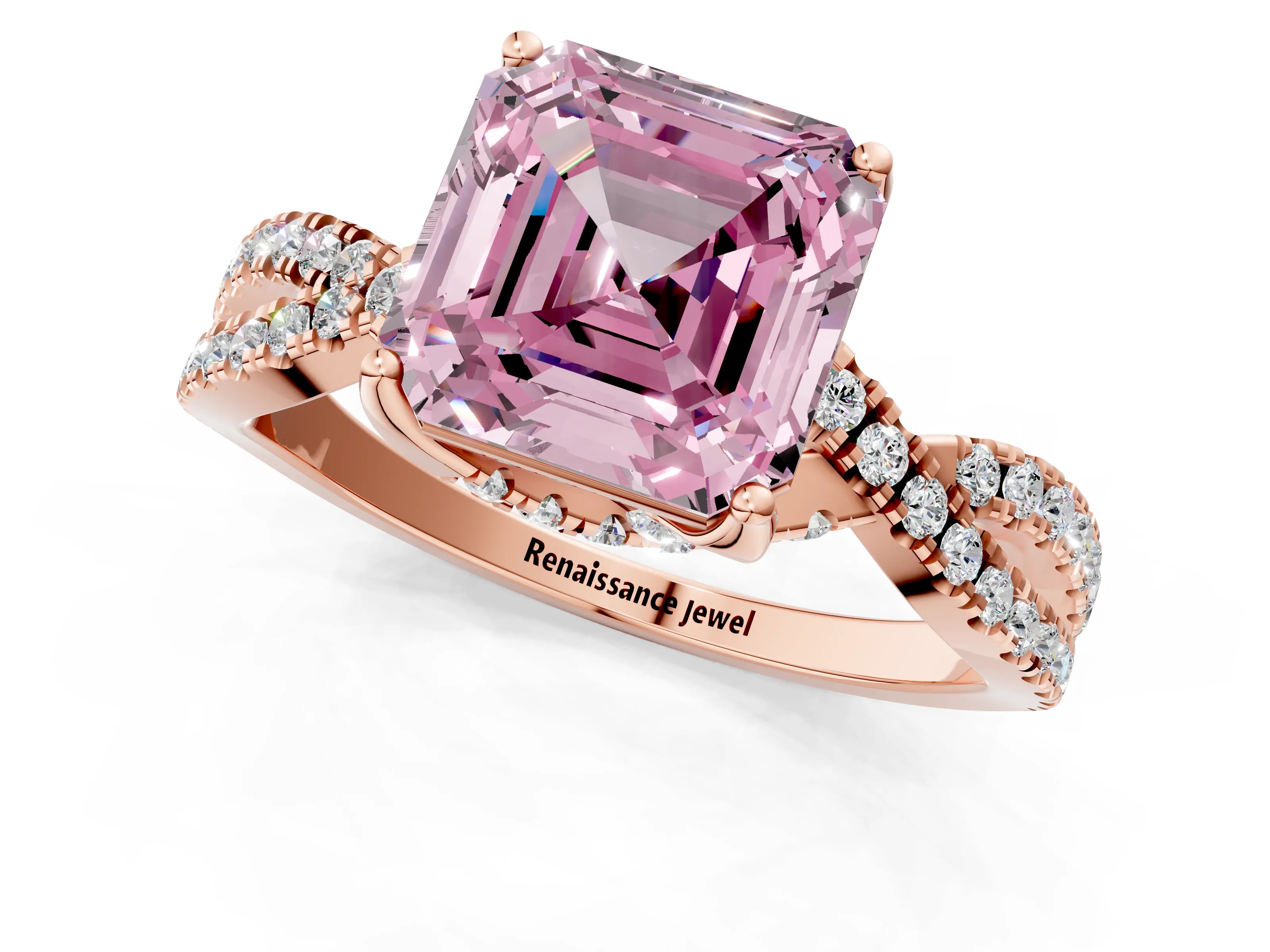 Rose gold Fancy Pink Asscher Cut Solitaire Twist Pave Diamond Engagement Ring with Prong Setting_1