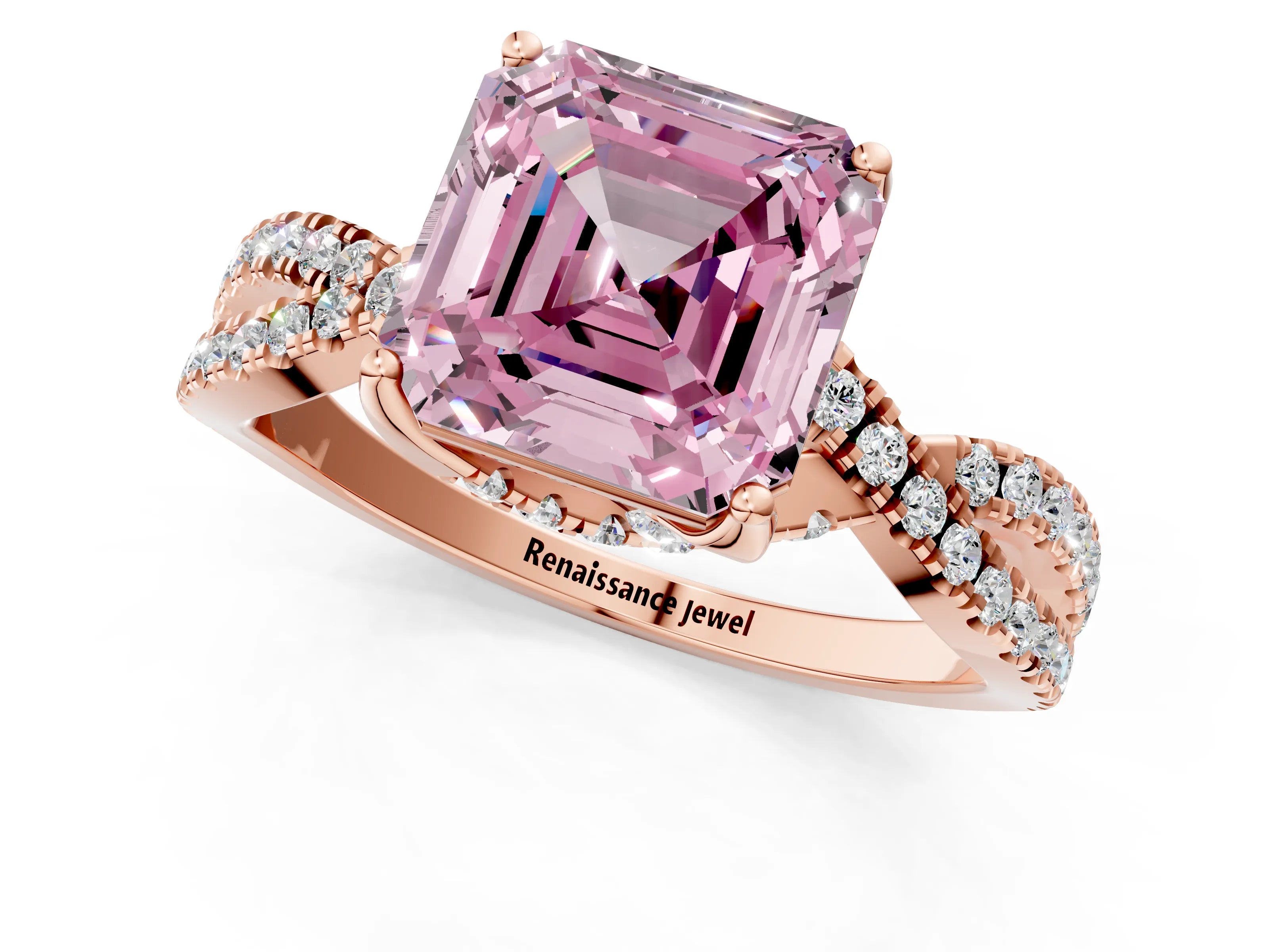 Rose gold Fancy Pink Asscher Cut Solitaire Twist Pave Diamond Engagement Ring with Prong Setting_25