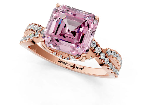 Rose gold Fancy Pink Asscher Cut Solitaire Twist Pave Diamond Engagement Ring with Prong Setting_25