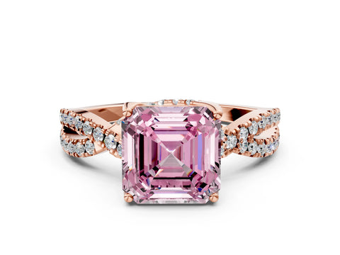 Rose gold Fancy Pink Asscher Cut Solitaire Twist Pave Diamond Engagement Ring with Prong Setting