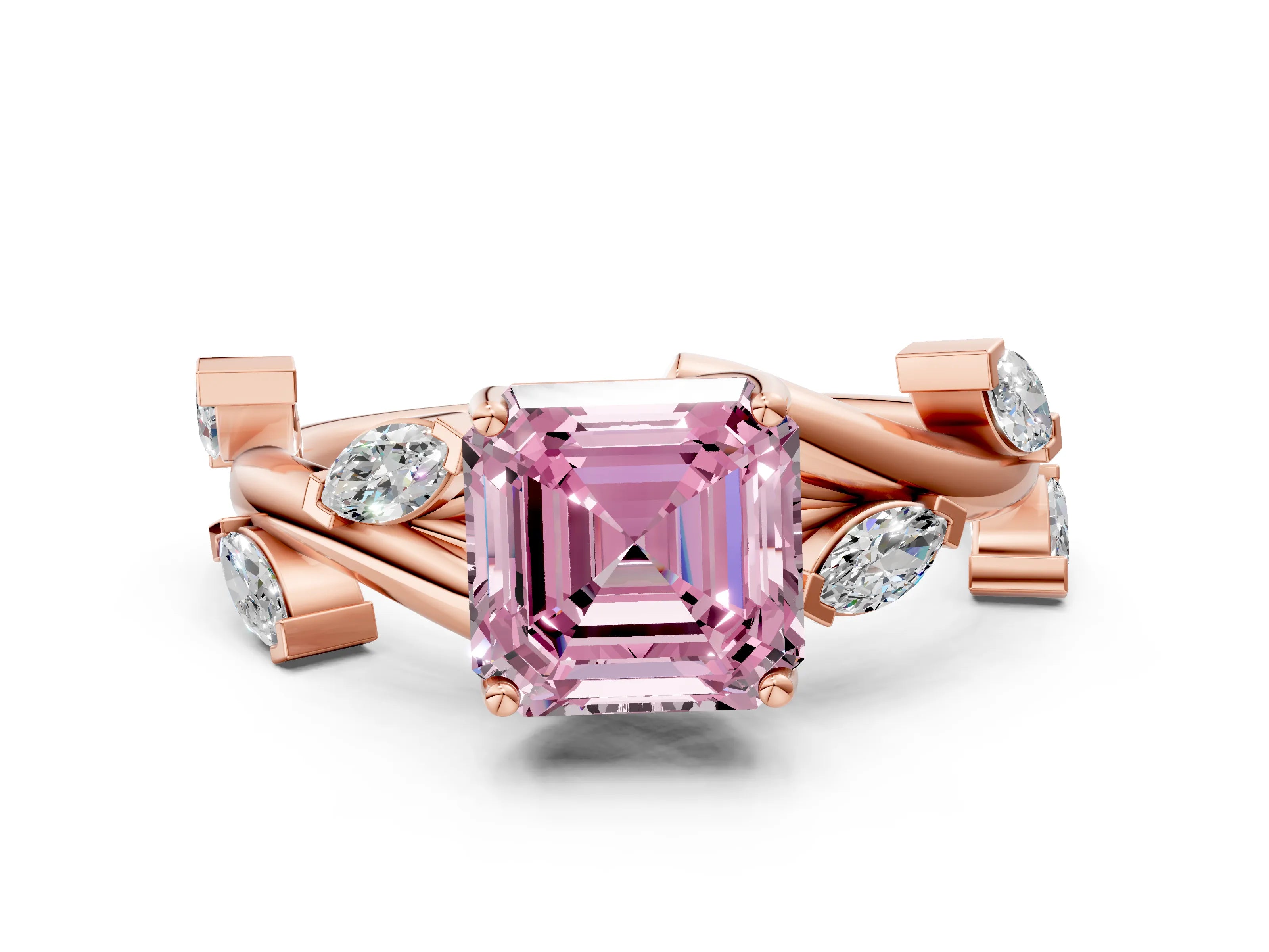 Rose gold Fancy Pink Asscher Cut Solitaire Twisted Band Marquise Accent Prong Setting Ring