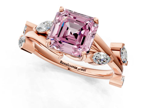 Rose gold Fancy Pink Asscher Cut Solitaire Twisted Band Marquise Accent Prong Setting Ring_1