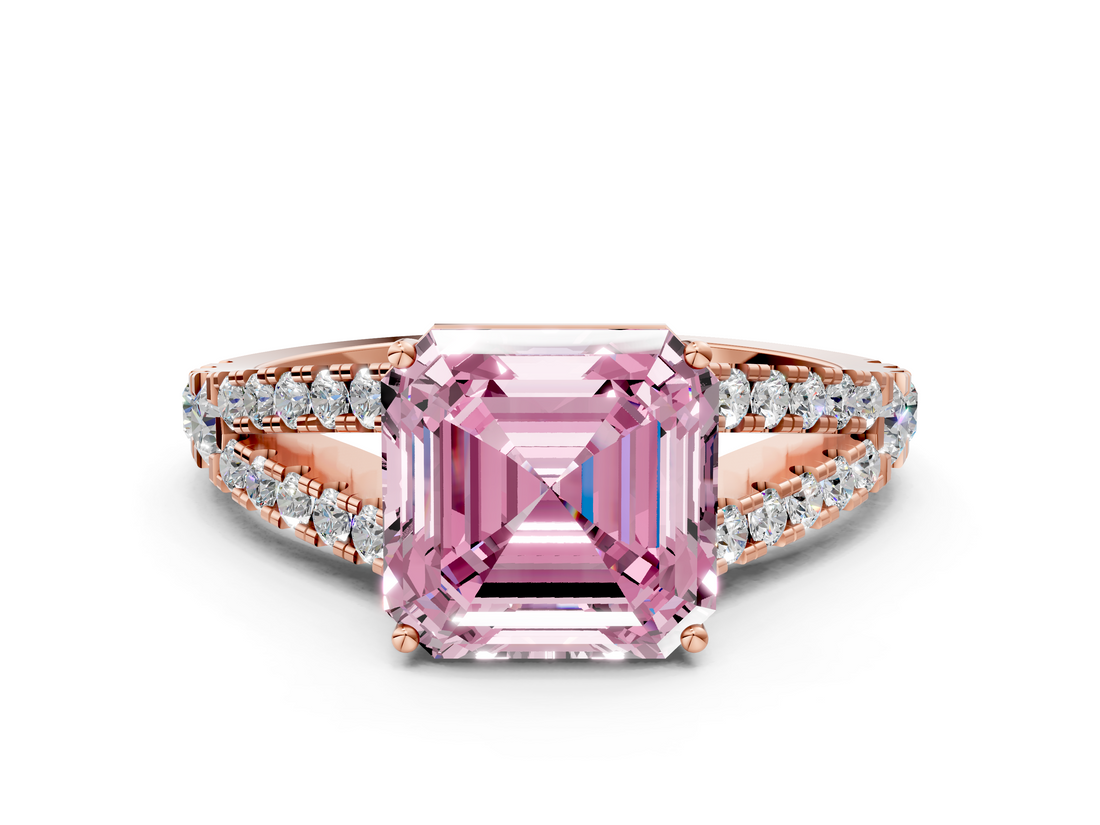 Rose gold Fancy Pink Asscher  Cut Split Shank Pave Diamond Engagement Ring with Four-Prong Setting