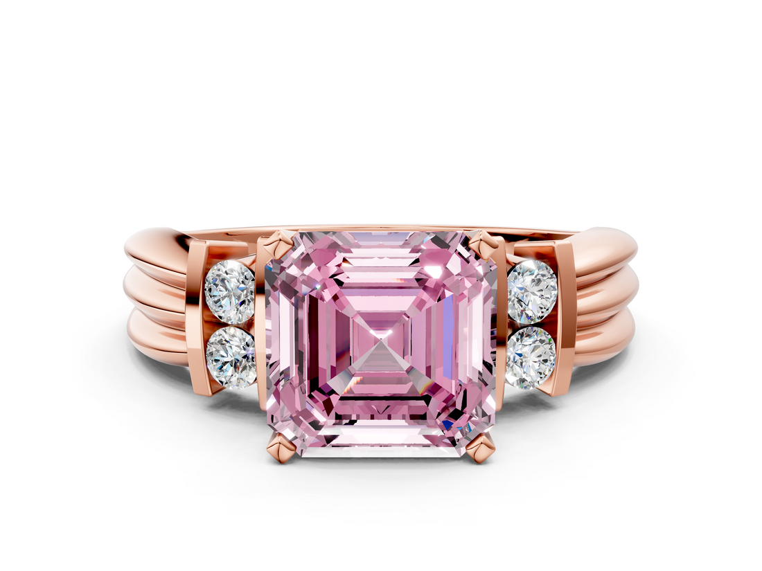 Rose gold Fancy Pink Asscher  Cut Three-Stone Channel Set Ring with Bar Prongs