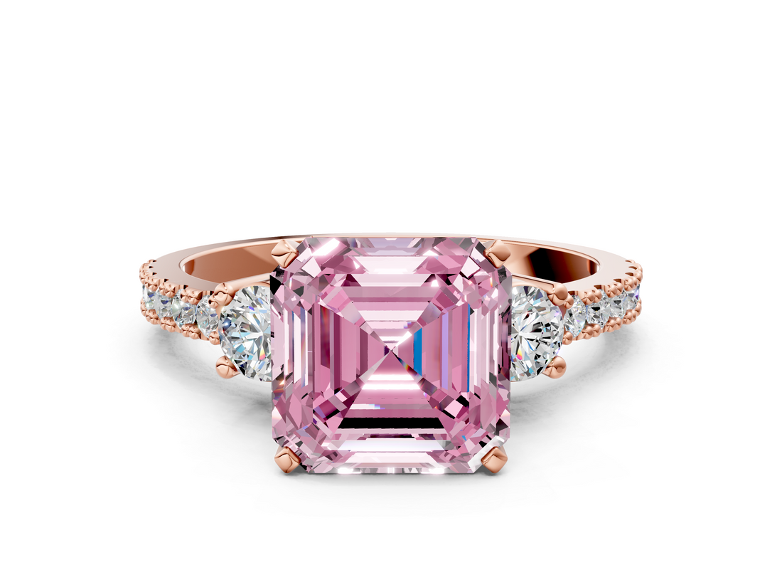 Rose gold Fancy Pink Asscher  Cut Three-Stone Diamond Pavé Band with Prong Setting_17