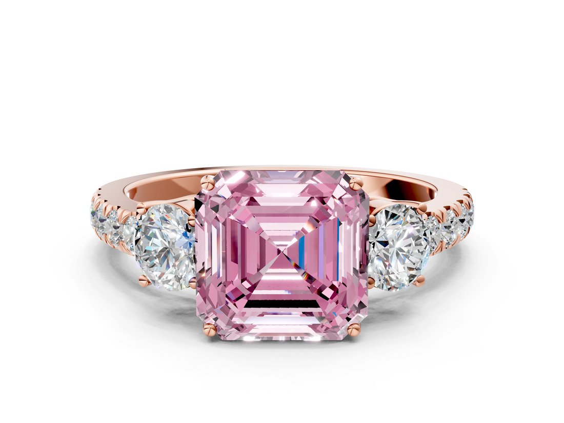 Rose gold Fancy Pink Asscher  Cut Three-Stone Diamond Pave Band with Prong Setting_51
