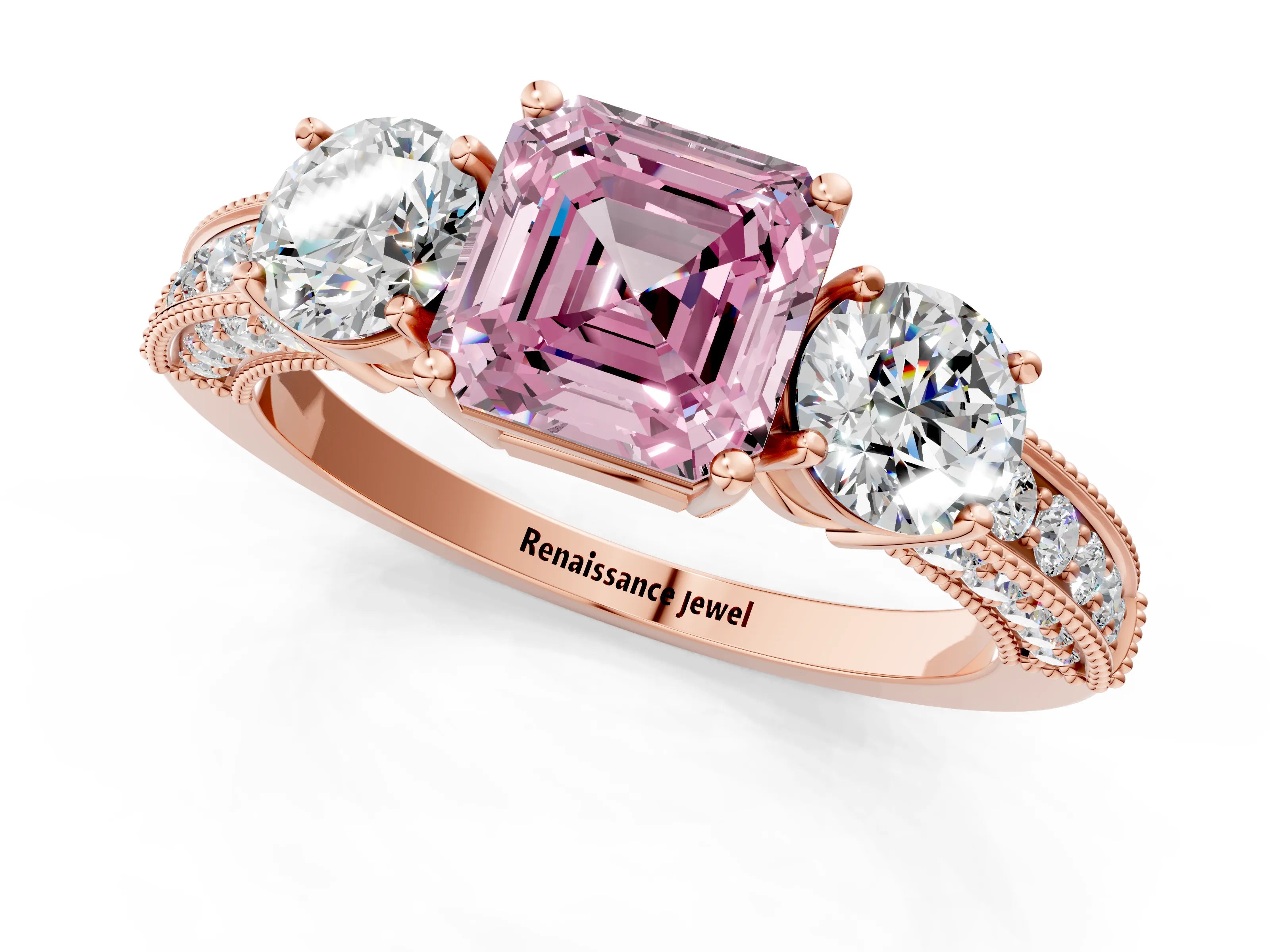 Rose gold Fancy Pink Asscher Cut Three-Stone Diamond Ring with Pavé Band and Four-Prong Setting_1