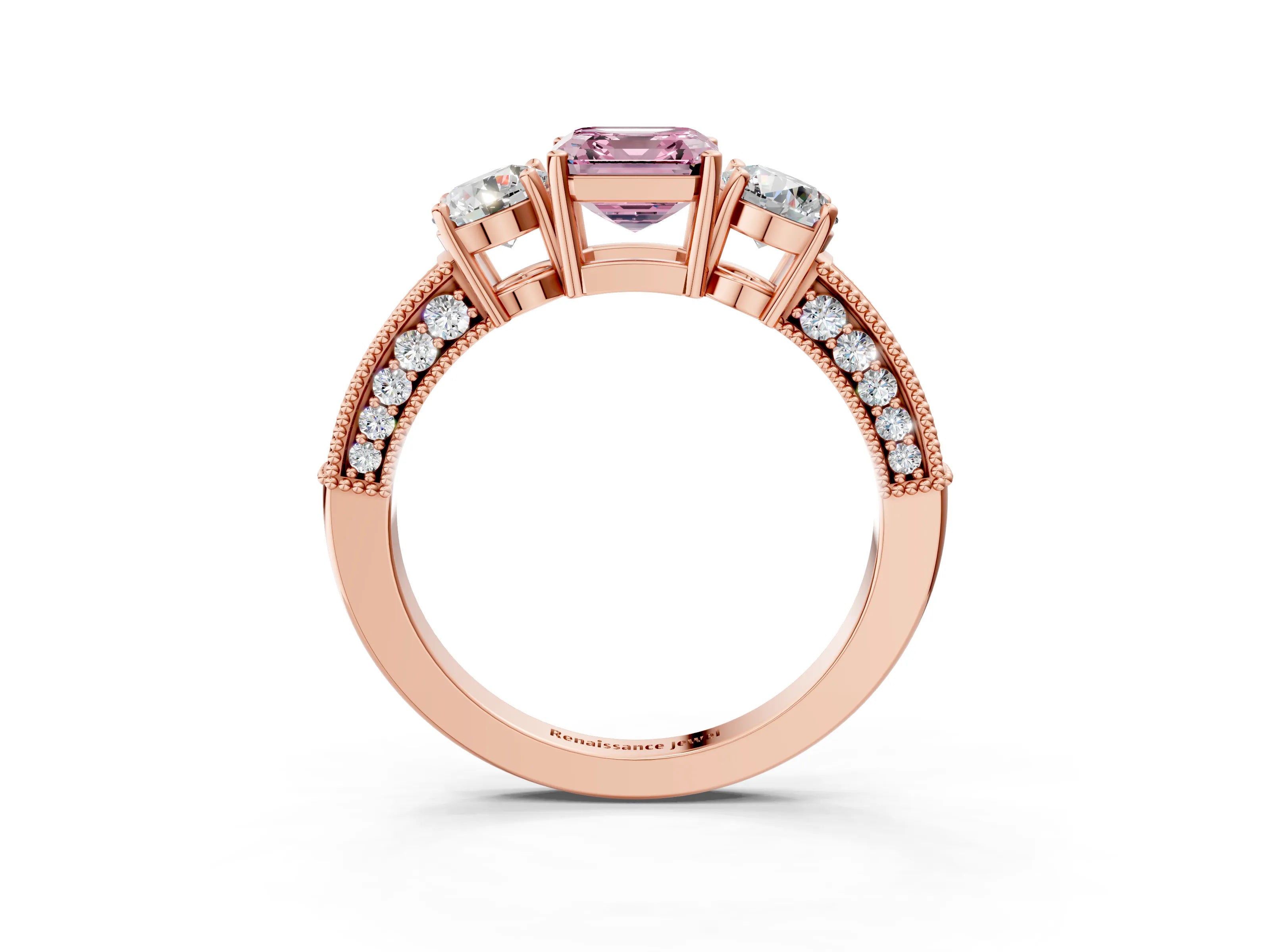 Rose gold Fancy Pink Asscher Cut Three-Stone Diamond Ring with Pavé Band and Four-Prong Setting_3