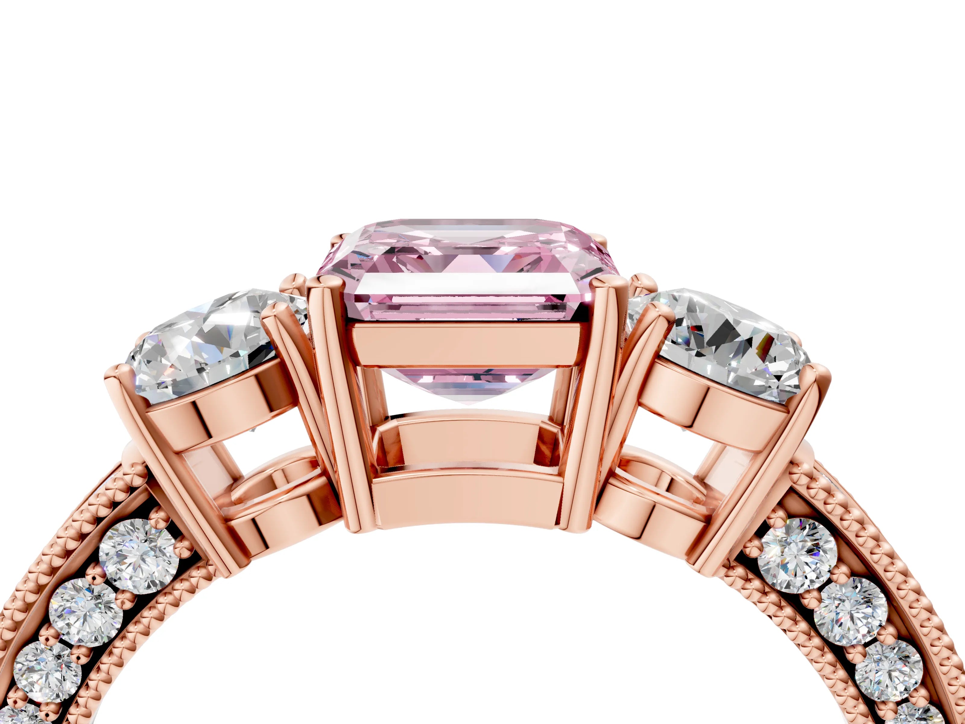 Rose gold Fancy Pink Asscher Cut Three-Stone Diamond Ring with Pavé Band and Four-Prong Setting_4