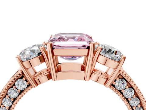 Rose gold Fancy Pink Asscher Cut Three-Stone Diamond Ring with Pavé Band and Four-Prong Setting_4