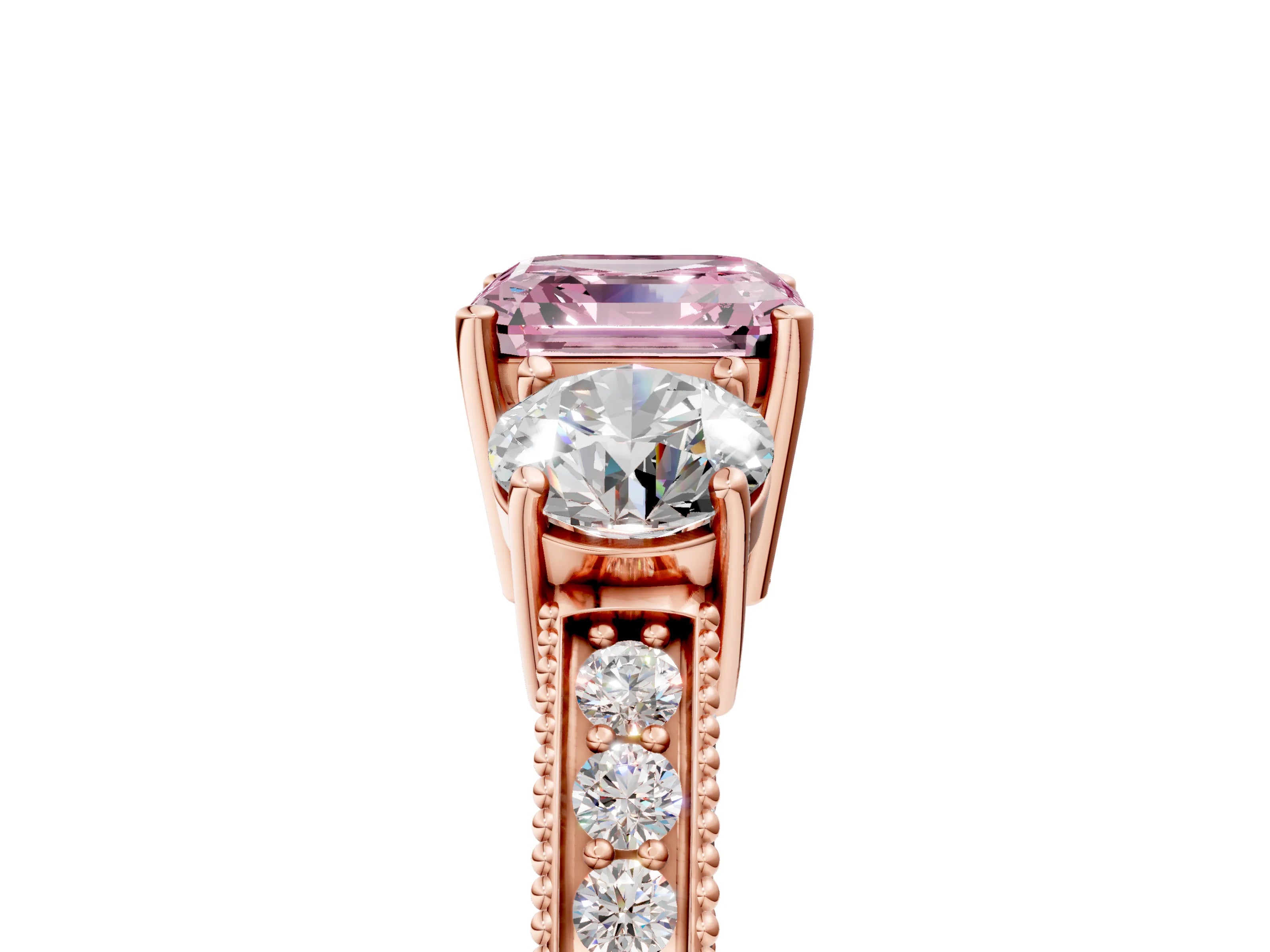 Rose gold Fancy Pink Asscher Cut Three-Stone Diamond Ring with Pavé Band and Four-Prong Setting_5