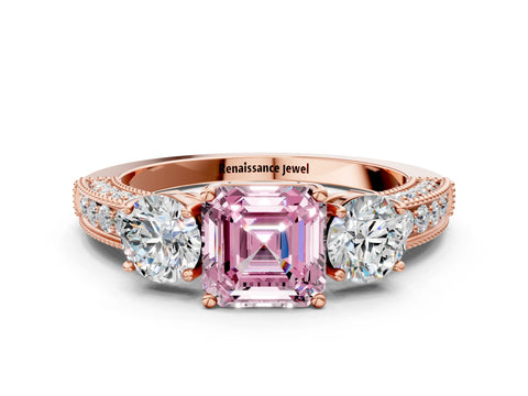 Rose gold Fancy Pink Asscher Cut Three-Stone Diamond Ring with Pavé Band and Four-Prong Setting