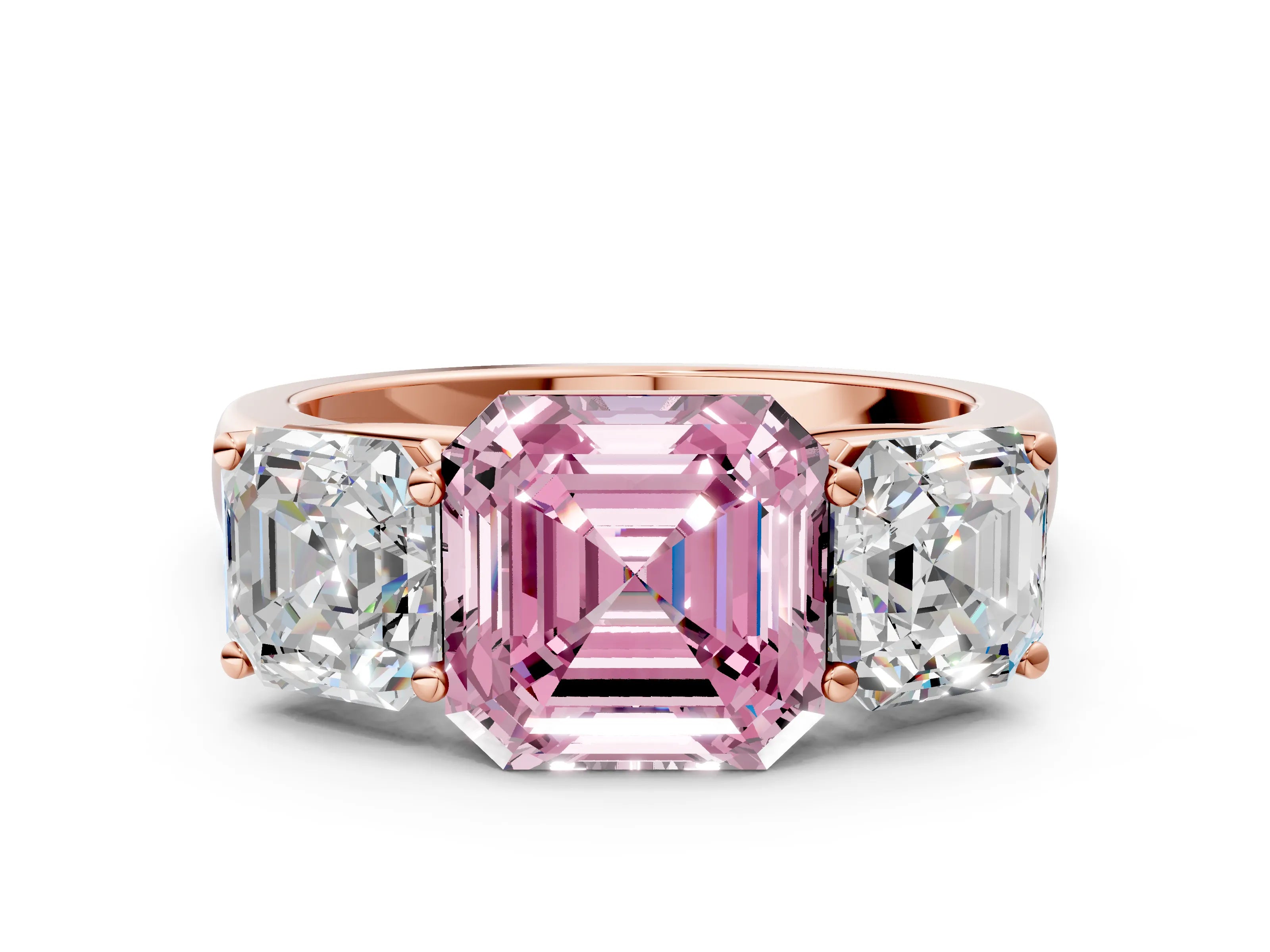 Rose gold Fancy Pink Asscher Cut Three-Stone Diamond Ring with Prong Setting on a Classic Band