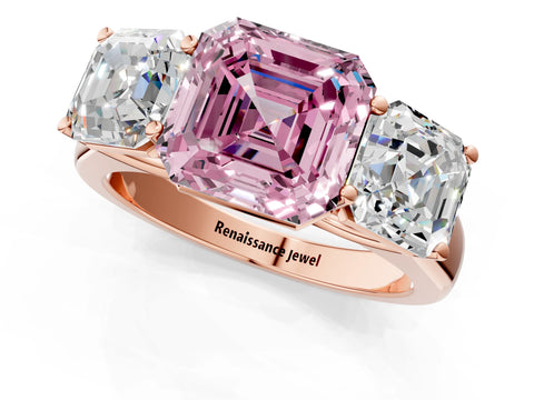 Rose gold Fancy Pink Asscher Cut Three-Stone Diamond Ring with Prong Setting on a Classic Band_1