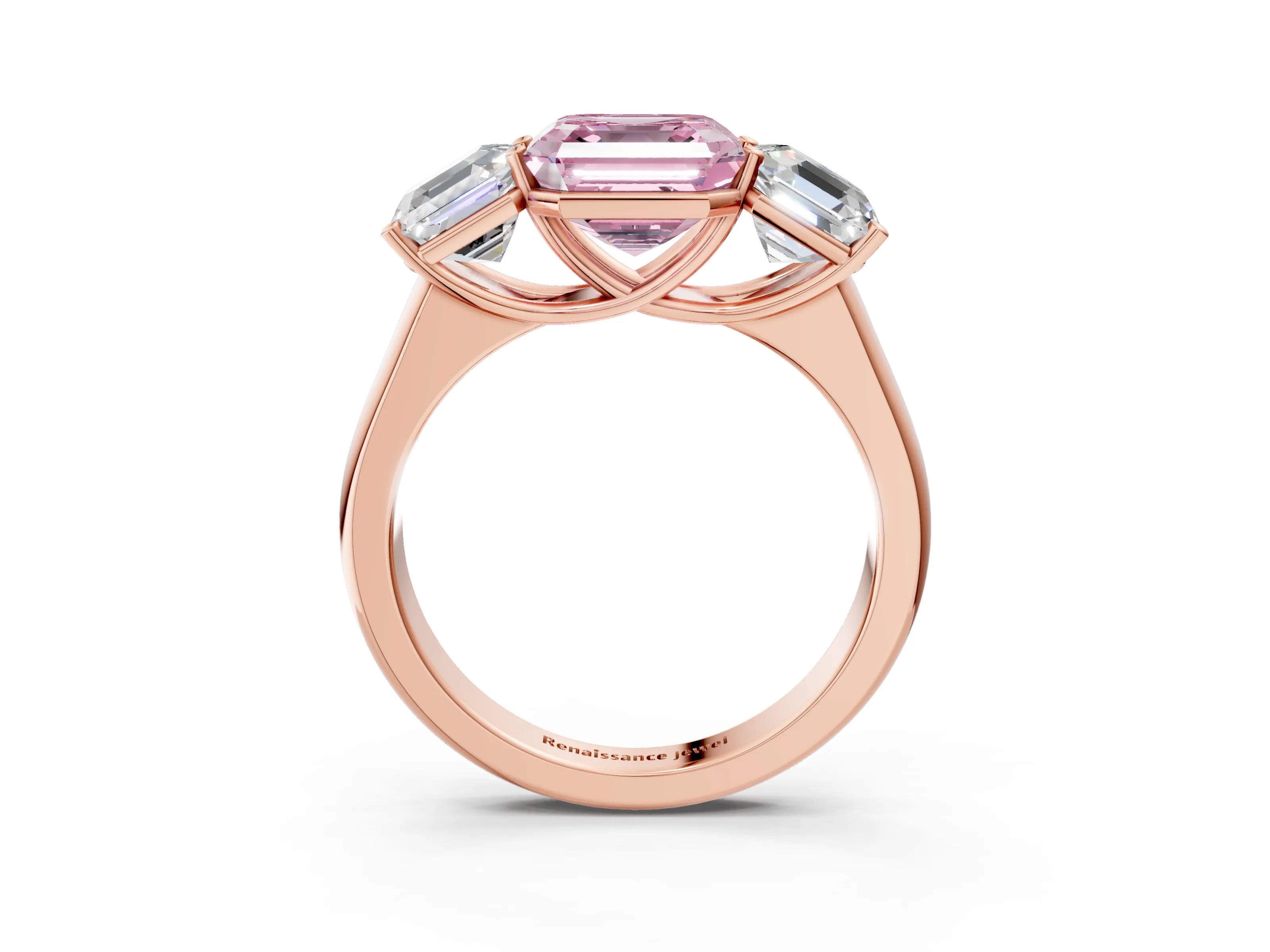Rose gold Fancy Pink Asscher Cut Three-Stone Diamond Ring with Prong Setting on a Classic Band_3