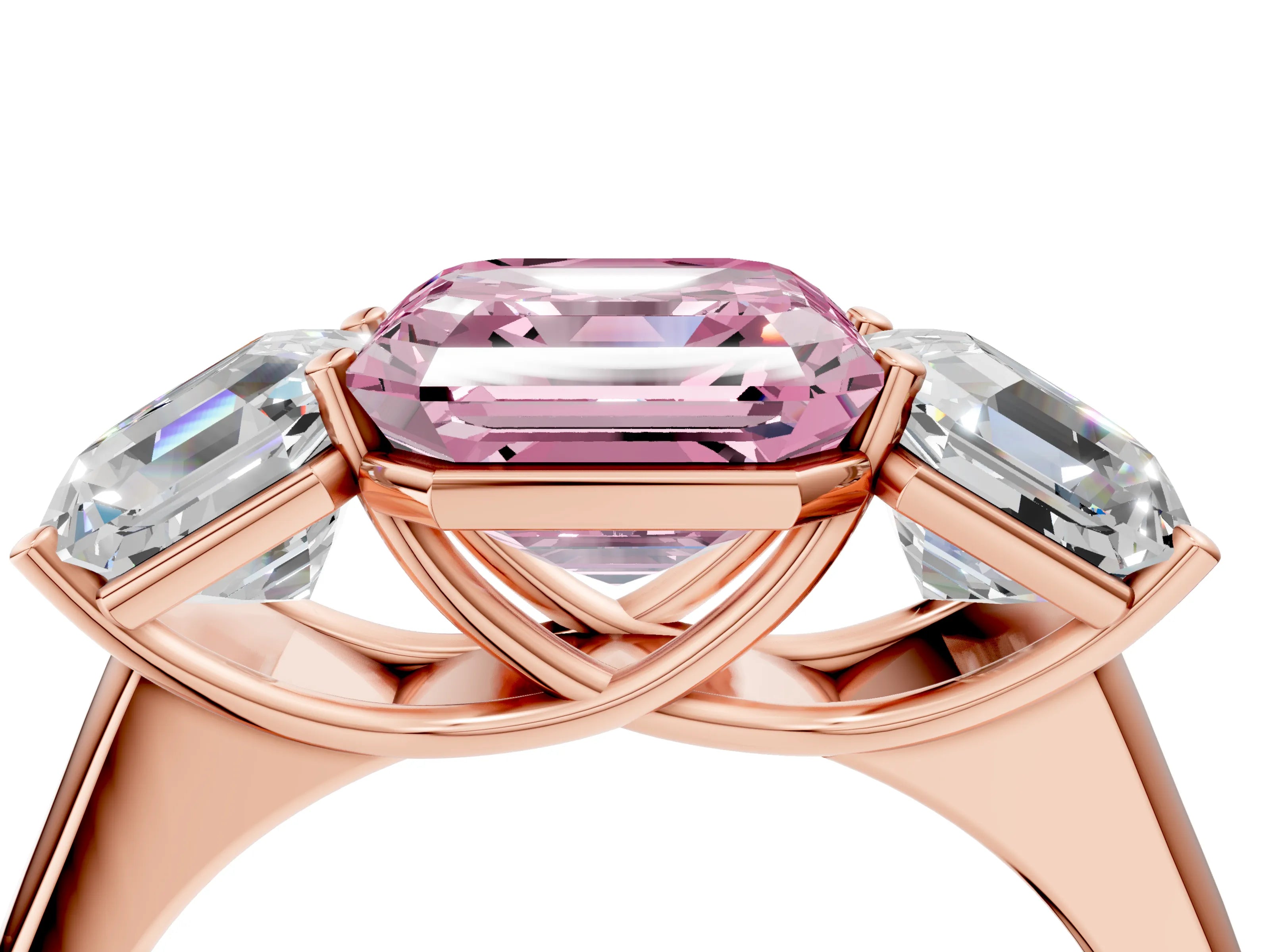 Rose gold Fancy Pink Asscher Cut Three-Stone Diamond Ring with Prong Setting on a Classic Band_4